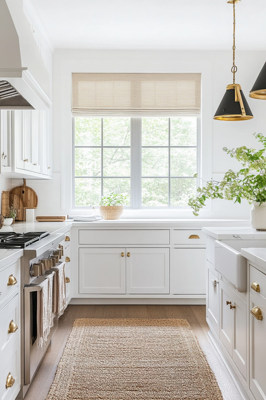 A bright and airy white kitchen featuring natural light, a large window with a potted plant, and elegant gold hardware, showcasing a timeless Kitchen Design White and a welcoming Kitchen Room Design.