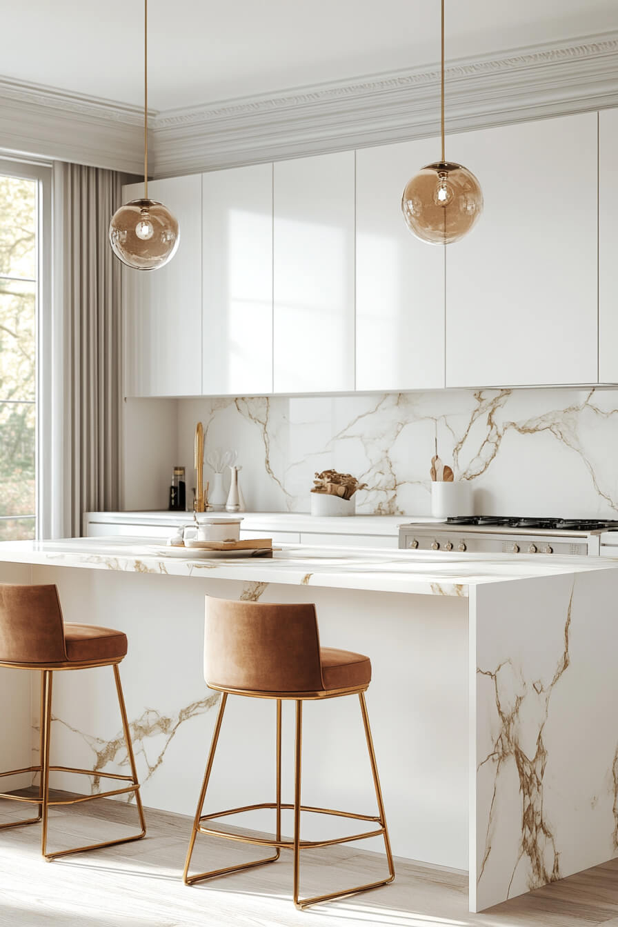 A sleek white kitchen featuring a marble island, warm tan bar stools, and elegant pendant lighting, showcasing a sophisticated Kitchen Design White and a modern Kitchen Room Design.