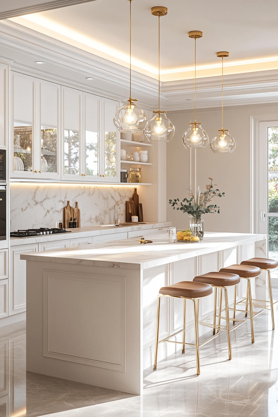 An elegant white kitchen with marble countertops, sleek gold-accented stools, and stylish pendant lighting, reflecting a luxurious Kitchen Design White and sophisticated Kitchen Room Design.