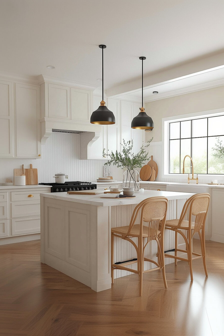 A charming white kitchen featuring elegant black and gold pendant lights, woven rattan chairs, and a sunny window, showcasing a cozy Kitchen Design White and modern Kitchen Room Design.