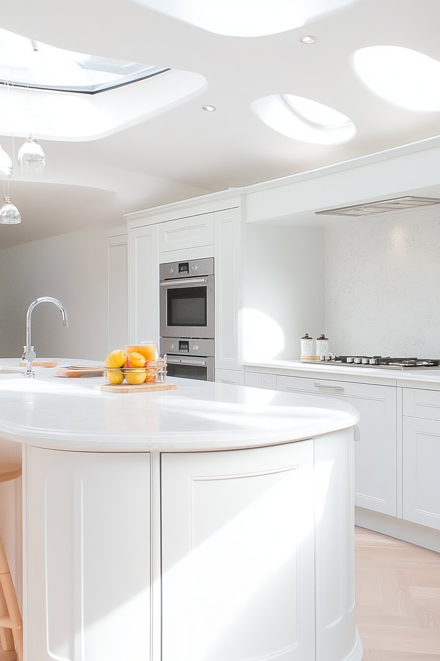 A bright white kitchen with an elegant curved island, skylights for natural light, and sleek appliances, showcasing a contemporary Kitchen Design White and a spacious Kitchen Room Design.